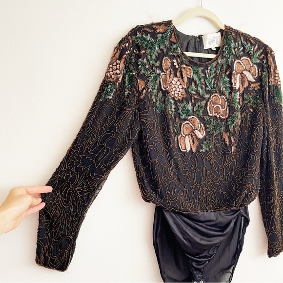 Elegant Vintage beaded bodysuit embellished unique 80s silk floral sequin event - Picture 16 of 16